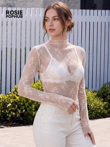 ROSIE POPHUB 女款粉色透視蕾絲短版上衣，性感街頭風與優雅日常穿搭，修身彈性輕量襯衫，適合秋冬/夏季 - 粉色 - 查看 2