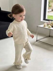 2pcs Set: 1pc Elegant Style Solid Color Polka Dot Hollow Neck Raglan Sleeve Knit Pullover Sweater And 1pc Minimalist Style Solid Color Lace Knit Long Pants For Baby Girls, Suitable For Casual, Vacation, Spring, Autumn, Winter - Apricot - View 2