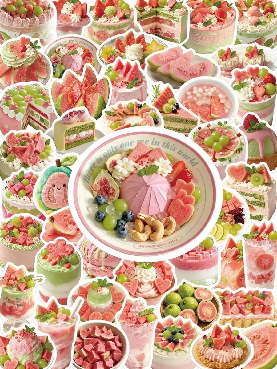 50Pcs Cute Guava Fruit Cake PVC Waterproof Stickers, Aesthetic Dessert Decals For Journal Water Bottle Decor - Multicolor - View 1