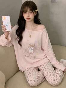 2pcs Women's Pajama Set, Pullover Round Neck Asymmetrical Shoulder Cute Animal Print Long Sleeve Pants, Easy Care Fabric - Pink - View 1