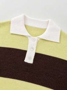 Spring/Autumn Multi-Color Contrast Lapel Long Sleeve Half-Button Cardigan Sweater - Brown and Yellow - View 8