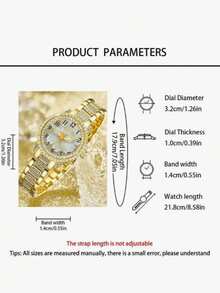 Gold-Tone Full Rhinestone Floral Dial Women's Quartz Watch Set, Rhinestone Bracelet, Necklace, Ring, Stud Earrings Fashion Jewelry Set, Suitable For Daily Commute, Party, Evening Wear, Valentine's Day, Mother's Day, Birthday Gift - Gold - View 4