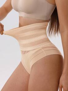 Women High Waisted Tummy Control Shapewear Panties Breathable Mesh Seamless Invisible Butt Lifter Slimming Underwear - Apricot - View 4