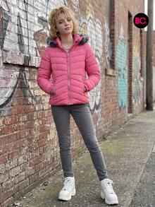 Chamarra Acolchada Para Niña Con Capucha Desmontable Y Peluche, Cierre Frontal, Bolsillos Con Cierre, Casual Para Invierno, Escuela, Paseos, Viajes Y Uso Diario Infantil Big City Moda Casual - Fucsia - Ver 6