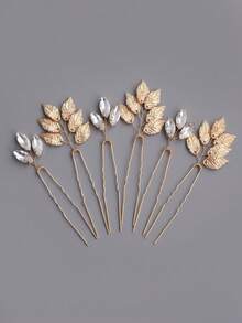 6pcs/Set French Vintage Gold Leaf Crystal Rhinestone Hair Sticks, Greek Goddess Style Braided Hair Decoration Hair Forks, Alloy Hair Accessories - Gold - View 10