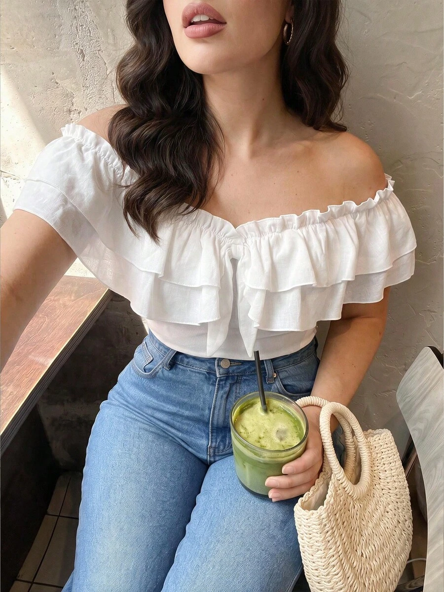 Auveirra Plus Size Women's Summer Slim Fit Off Shoulder T-Shirt With Frill Trim - White - View 1