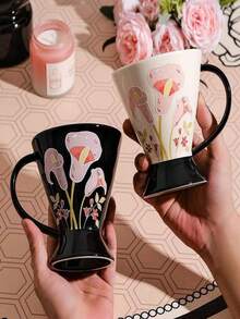 1 Flower Ceramic Coffee Cup, Flower Patterned Conical Ceramic Tea Cup, Black Handle And Base Coffee Drinking Cup, Unique Desktop Decoration, Suitable For Daily Household Use, Office, Friends And Colleagues, Coffee Enthusiasts As A Housewarming Gift - Multicolor - View 8