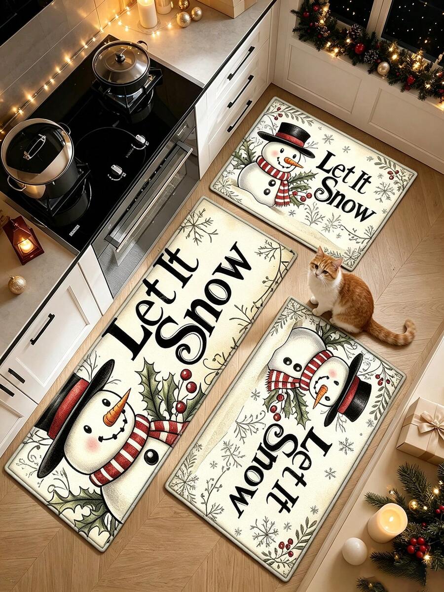 1pc Snowman Christmas Kitchen Rug, Thickened Carpet, Plush Rug, Autumn/Winter Rug, Kitchen Mat, Kitchen Floor Mat, Door Mat, Small Rug, Runner Rug, Area Rug, Outdoor Mat, Home Decor, Bedroom Rug, Washable Rug - Multicolor - View 1