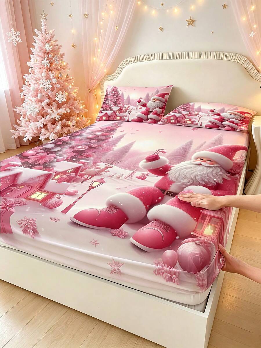 1PC Pink Christmas Theme Pattern Fitted Sheet (Fitted Sheet Only, No Pillowcase), Santa Claus Print Soft Bedroom Bedding, Suitable For Bedroom, Guest Room, School Dormitory, Easy To Remove And Machine Washable All Season Mattress Protector, Perfect Christmas Gift For Parents And Friends - Multicolor - View 1