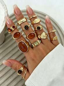 13/5pcs Fashionable Luxury Vintage Exaggerated Gemstone Open Ring Set, Designer Ins Style Metallic Glossy Wrinkled Finger Rings, Suitable For Party, Vacation, Gift For Friends And Family, Daily Wear - Yellow Gold - View 2