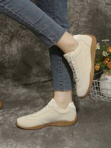 Women Casual Sneakers, Lace Up Design, Rounded Toe Structure - Beige - View 3