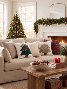 Christmas Tree Snowflake Pillow Case, Winter Embroidered Christmas Tree Decorative Pillow Cover, Soft Plush Faux Fur Cushion Cover, Christmas Sofa Home Decor - Beige - View 7