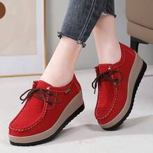 Autumn New Arrival Plus Size Canvas Shoes, Solid Color Slip-On Casual Platform Loafers For Women,Wedge Heels - Red - View 6