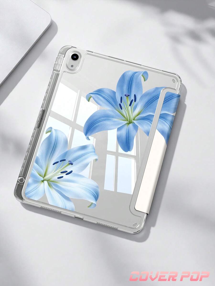 藍色木槿花保護殼，相容於 iPad (A16) 11 吋 (第 11 代，2025)、Air 4/5 10.9 吋、7/8/9 10.2 吋，內建 Apple Pencil 插槽，相容於 Galaxy Tab A9 11 吋、Tab A9 8.7 吋，可愛風格，適合返校季、情人節、新年等場合