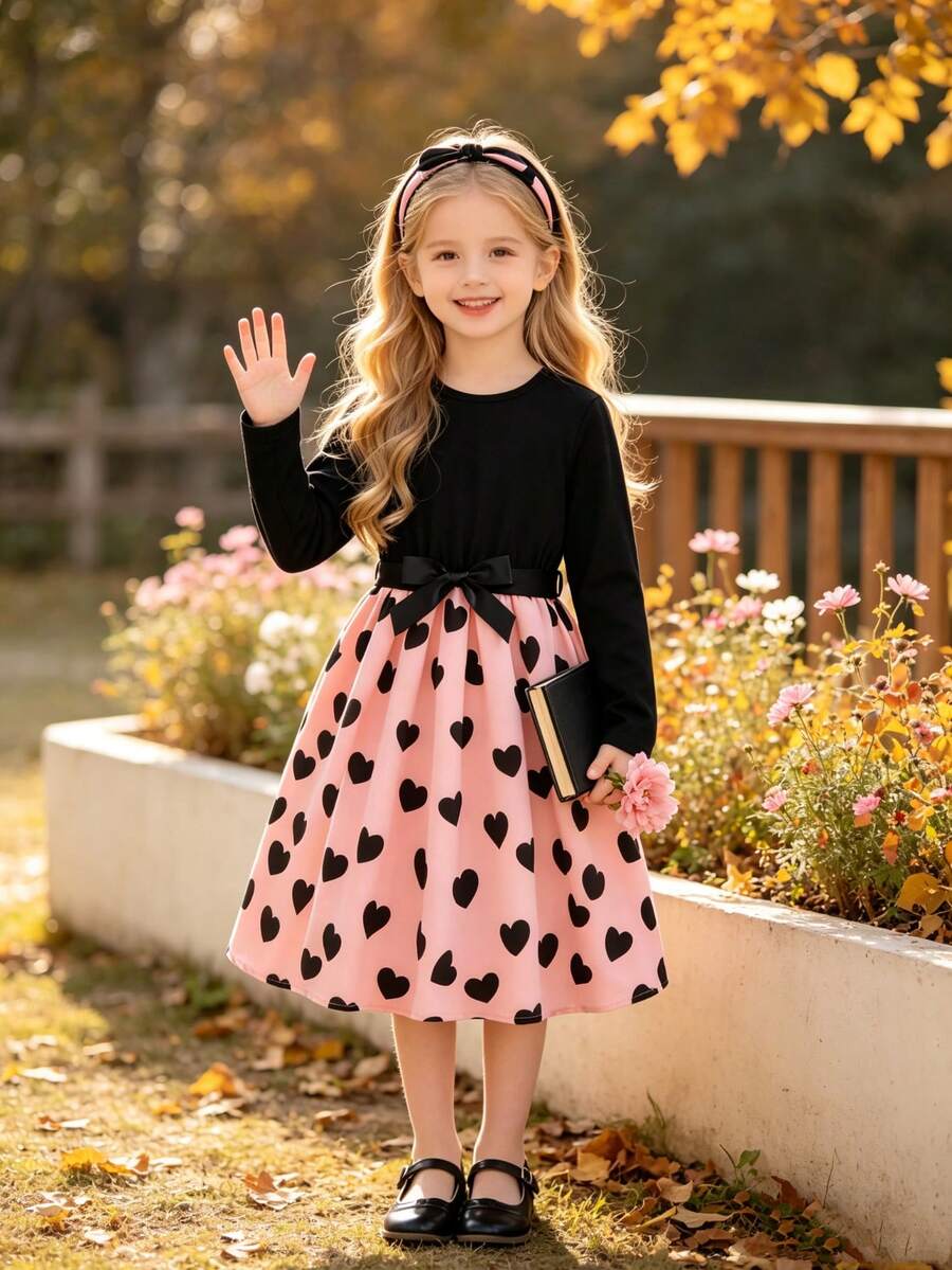 Girls' Autumn Solid Color Round Neck Long Sleeve Top With Heart Print Patchwork Mid-Length Dress, Comfortable Casual Outdoor Clothing - Black - View 1