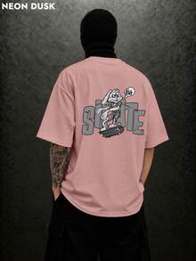 NEON DUSK Men's Fashionable Letter Rabbit Skateboard Print Round Neck Short Sleeve T-Shirt, Casual Commuter Wear - Pink - View 1