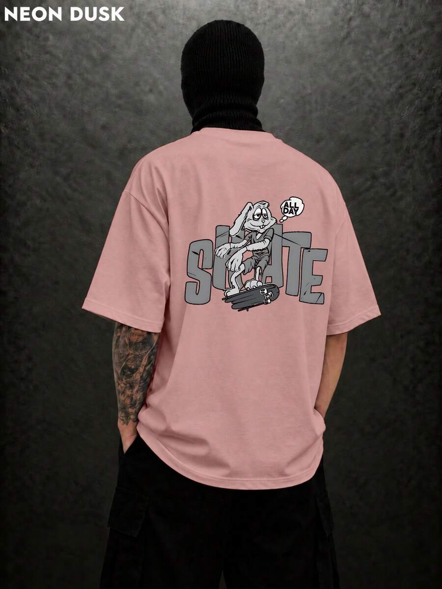NEON DUSK Men's Fashionable Letter Rabbit Skateboard Print Round Neck Short Sleeve T-Shirt, Casual Commuter Wear - Pink - View 1