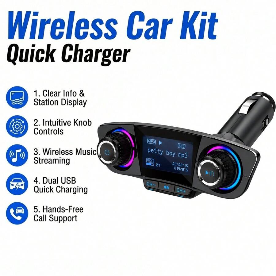 Car Wireless FM Transmitter, Bluetooth 5.0 Car Radio Adapter (Supports Hands-Free Calling), USB Car Charger, TF Card/USB Flash Drive Music Player, AUX Audio Output, 1.3-Inch LCD Display, 12V-24V Car Audio Adapter - A - View 1