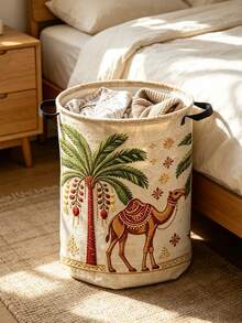2D Flat Date Palm Tree Pattern Makeup Storage, Decorative Bohemian Style Laundry Basket, Round Laundry Basket, Craft And Sewing Supplies Storage, Camel, Date Palm Tree Pattern - Suitable For Bathroom Storage, Bedside Organizer With Sturdy Handle Storage Basket For Room Decoration, Laundry Basket - Multicolor - View 5