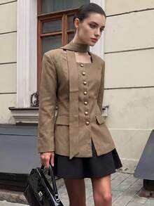 Old Money Vintage Button-Front Slim Fit Blazer, Elegant Square Neck Scarf Decor Long Sleeve Shirt, Suitable For Formal Business Occasions And Parties - Khaki - View 5