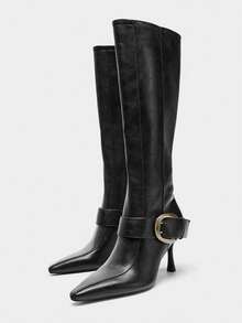 New Pointed Toe High Heel Tall Boots Vintage Style Wide Shaft Knee-High Stiletto Heel Riding Boots - Black - View 8