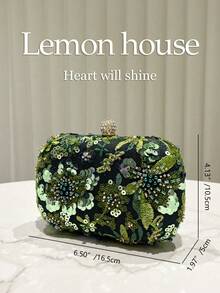1pc Emerald Green Sequin Embroidered Beaded Decor Small Handbag, Metal Chain Crossbody Clutch, Elegant Formal Evening Bag, Suitable For Parties, Weddings, Formal Occasions, Great Gift For Women - Dark Green - View 4