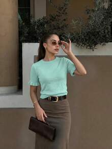 Women's Casual Yellow Round Neck Ruffle Short Sleeve Loose Fit T-Shirt, Spring/Summer Style, Suitable For Dating And Daily Wear - Cadet Blue - View 5