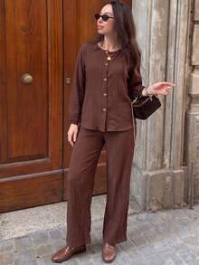 1pc Women's Spring/Autumn Solid Color Button Cardigan Lantern Sleeve Long Sleeve Pants Set, Fashionable Comfortable Loose Skin-Friendly Loungewear - Coffee Brown - View 3