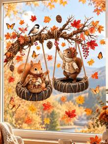 "Hello, FALL" Squirrel Swing Window Sticker, Removable Glue-Free Static Cling Glass Decal, Tree Branch Tire Swing Squirrel Bird Butterfly Berry Pine Cone Acorn Maple Leaf Pattern Design, Home Window Decor Beautification Sticker, Glass Surface Decorative Art Decal, Home Window Decor Beautification, Home Study, Living Room, Bedroom Glass Door Window Atmosphere Decoration Sticker - Multicolor - View 6