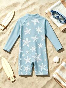 Infant One-Piece Swimsuit, Toddler Long Sleeve Swimwear With Starfish Print, Quick-Dry Beach Outfit, Baby Water Play Clothes For Pool And Beach - Mint Blue - View 2