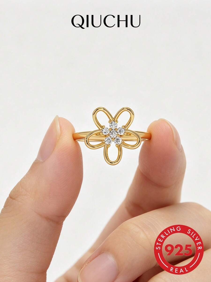 QIUCHU 1pc S925 Sterling Silver Minimalist Lace Flower Ring, Women's Hollow Rhinestone Petal Tail Ring, Light Luxury Stackable Finger Ring, Suitable For Daily Wear, Dating, Party, Also An Excellent Holiday Gift, Silver Net Weight: 1.4g