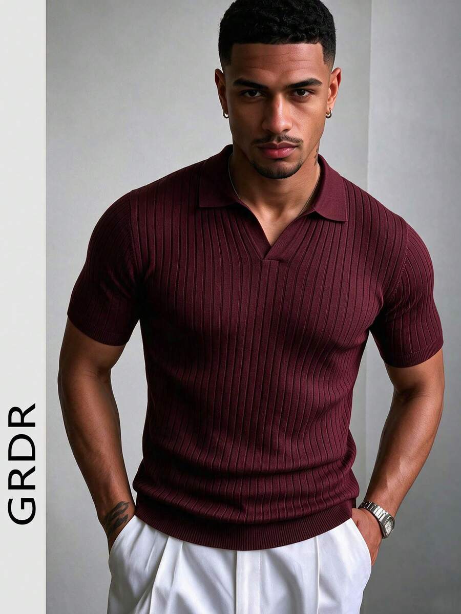 GRDR Men's Summer Knit Polo Shirt, Solid Color Short Sleeve Knitted Collar, Suitable For Summer Outings, Essential For Fashionable Outfit