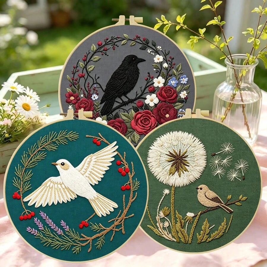 1PC 15*15cm/5.9*5.9in 20*20cm/7.9*7.9in,Black And White Bird Embroidery Kit, DIY Handmade Embroidery Set For Adult Beginners, Home Gift, Women's Sewing Gift, Including User Manual, Printed Pattern Fabric, Embroidery Frame, Needle And Thread.