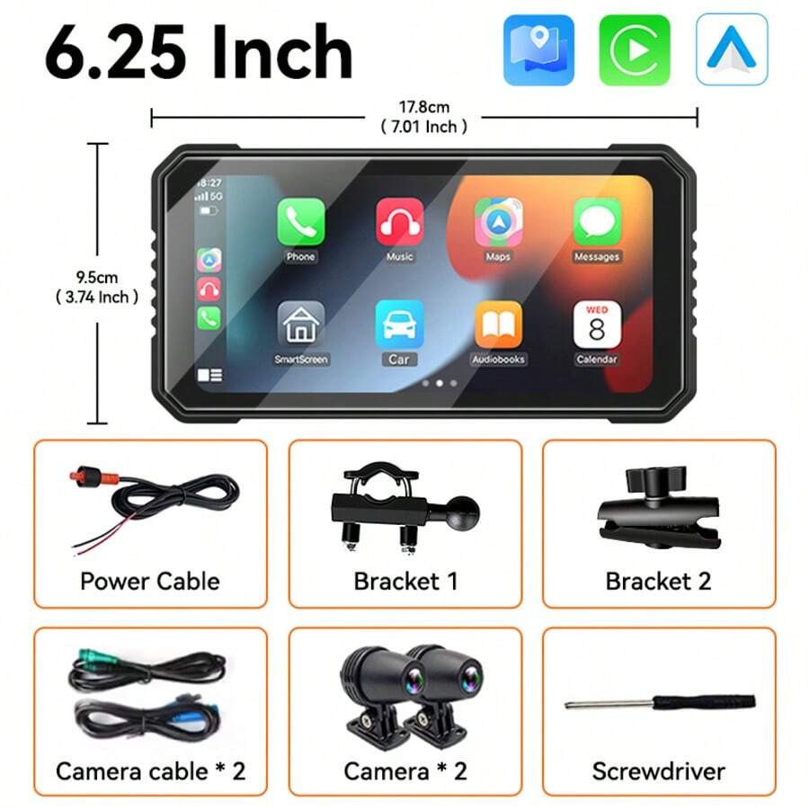 VENBES Layar Sentuh PND Sepeda Motor Tahan Air 6,25 Inci, CarPlay Nirkabel dan Android Auto, Pemutar Media Bluetooth, Kamera DVR Ganda Opsional