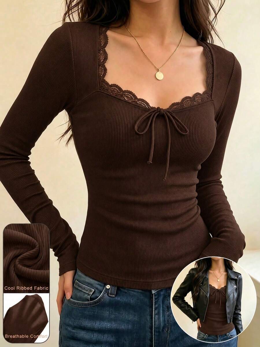 ملابس علوية نسائية بياقة مربعة مزينة بالدانتيل وأكمام طويلة مضلعة، تي شيرت محبوك بلون موحد مع فيونكة أمامية ضيق، مناسب للارتداء اليومي والخروجات