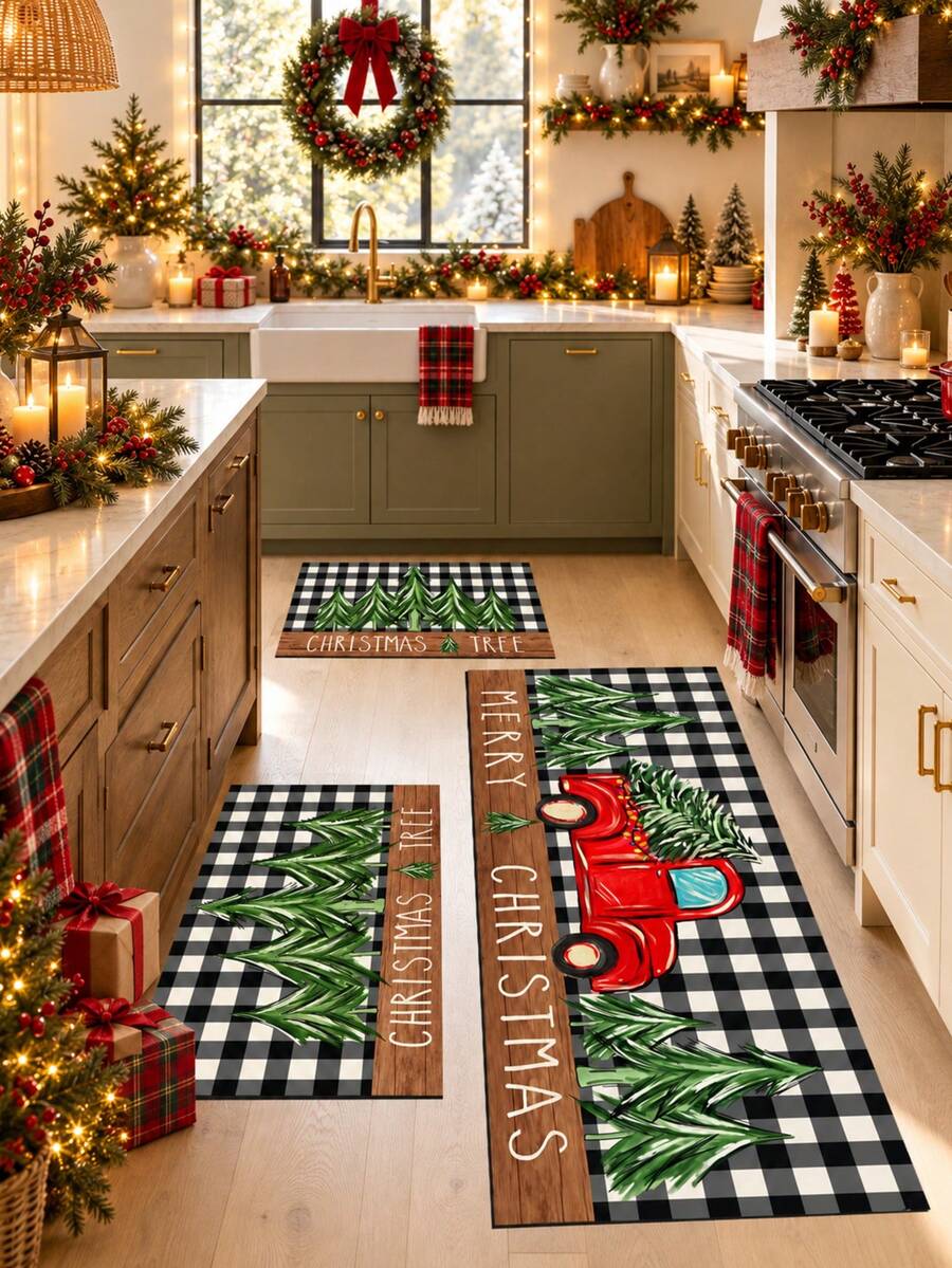 1pc Christmas Black & White Plaid Print Kitchen Floor Mat, Merry Christmas Lettering Red Vintage Truck & Christmas Tree Pattern Long Runner Rug, Wood Grain Patchwork American Country Farmhouse Style - Multicolor - View 1