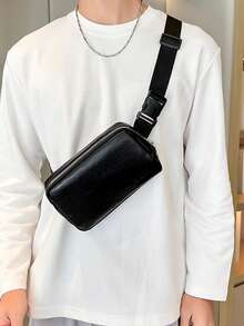 High End Soft Leather Small Chest Bag For Men, Simple Retro Horizontal Carry Bag, Casual Cycling Shoulder Crossbody Bag - Black - View 1