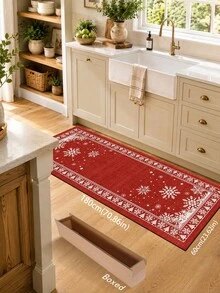 1pc Christmas Red Snowflake Pine Tree Border Kitchen Mat, Vintage Holiday Geometric Pattern Absorbent Non-Slip Foot Mat, Durable Easy Clean Rectangular Rug, Suitable For Kitchen Sink, Entryway, Hallway, Laundry Room, Bathroom And Christmas Home Decor - Multicolor - View 9