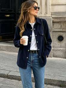 Women's Autumn/Winter Corduroy Solid Color Shirt - Navy Blue - View 1