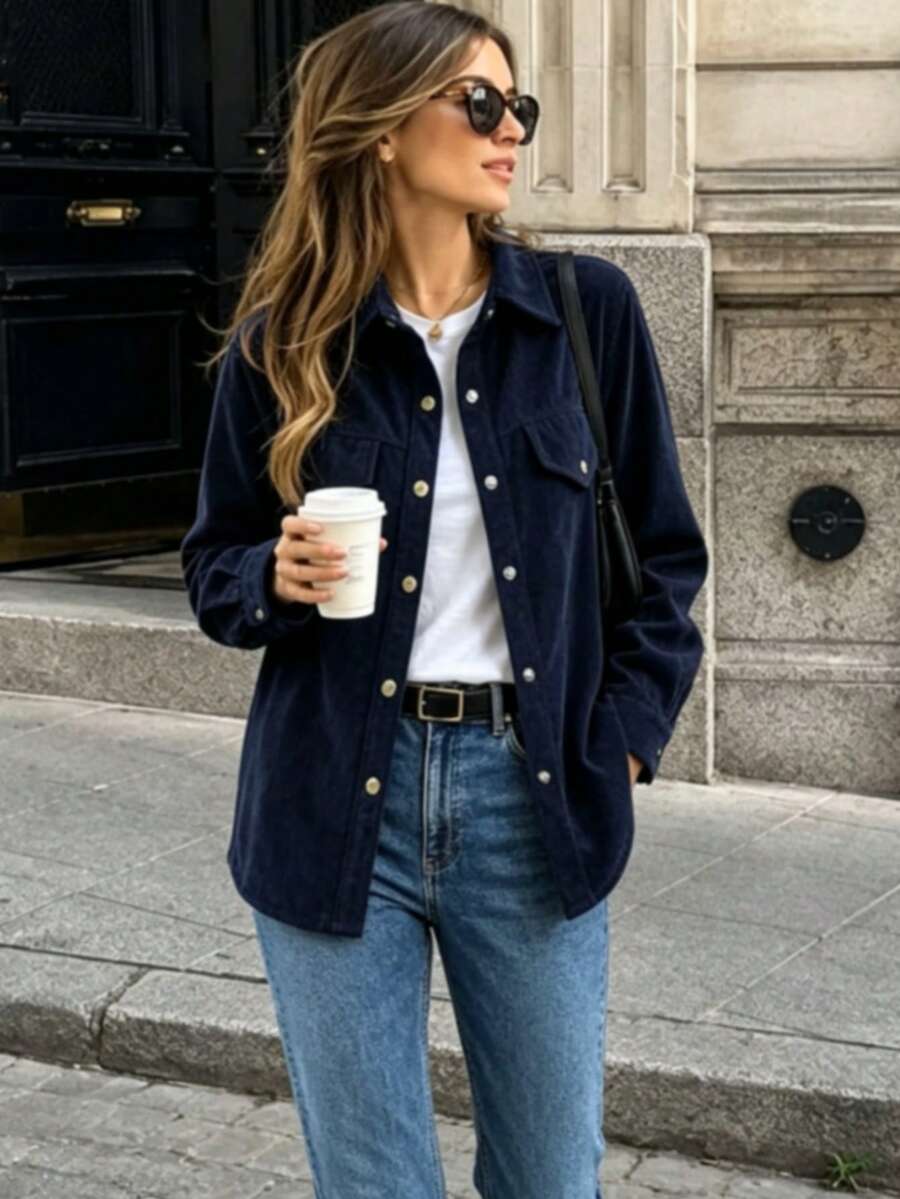 Women's Autumn/Winter Corduroy Solid Color Shirt - Navy Blue - View 1