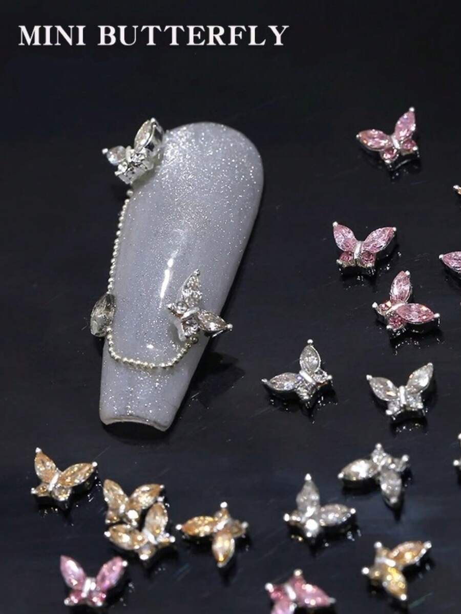 10pcs Mini Metal Rhinestone Butterfly Nail Decorations 3D Pink Rhinestone Nail Decorations, Suitable For Acrylic Nails And Short Nails, Nail Decorations And Jewelry Making Butterfly DIY Nail Supplies - Multicolor - View 1