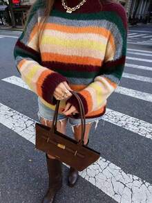 Just Masa Women's Fall Casual Multi-Striped Colorblock Sweater Pullover,Loose Long Sleeve Round Neck Rib-Knit Top,For Daily Wear,Going Out,Halloween - Colorful Stripes - View 7