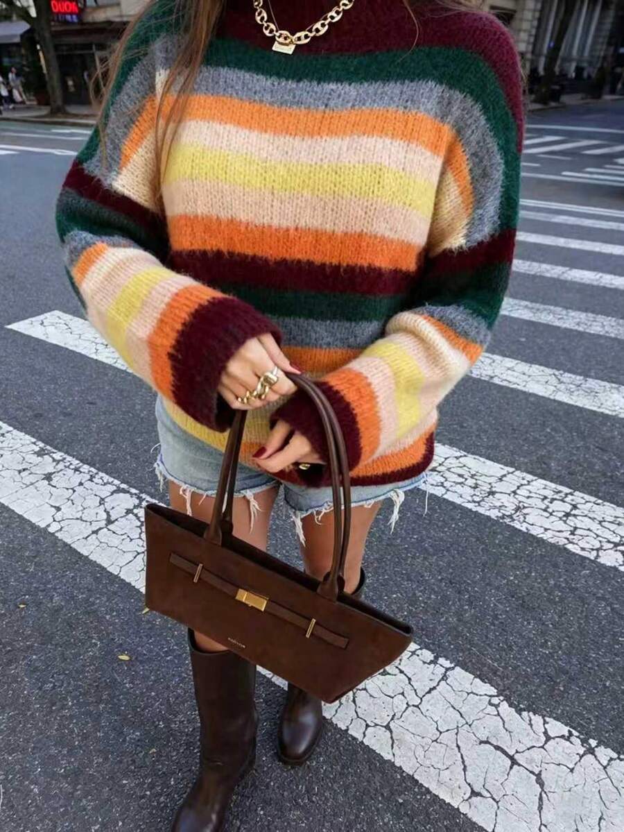 Just Masa Women's Fall Casual Multi-Striped Colorblock Sweater Pullover,Loose Long Sleeve Round Neck Rib-Knit Top,For Daily Wear,Going Out,Halloween - Colorful Stripes - View 1