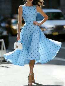 DONICY Women's Blue Sleeveless Round Neck Pleated Waist Flare Midi Dress, Casual Vacation Style For Summer - Blue - View 4