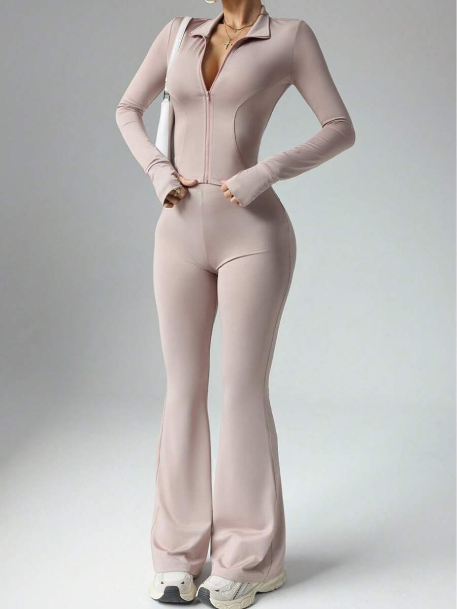 Women's Solid Color Long Sleeve Top And Fitted Sports Pants Set, Suitable For Fitness And Workout - Dusty Pink - View 1