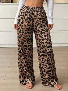 Women's Leopard Print Wide Leg Pajama Pants, Elastic Waist, Loose Drape Home Pants, Casual Wear For Outings, Holiday Gift Choice - Brown - View 6