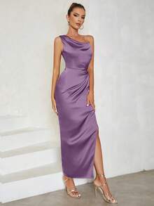 Cold Shoulder Sleeveless Solid Color Ruched Waist Cutout Slit Bodycon Dress - Purple - View 1