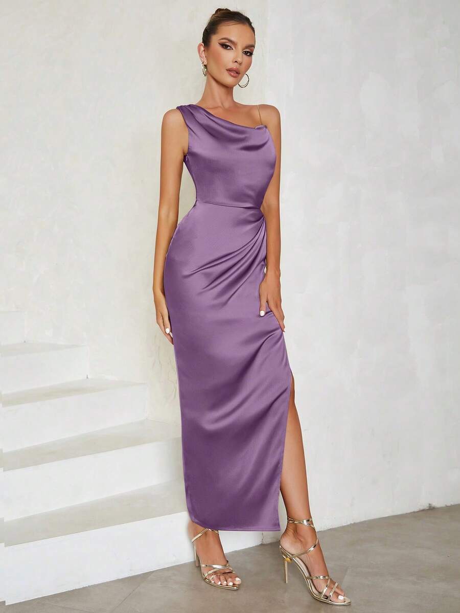 Cold Shoulder Sleeveless Solid Color Ruched Waist Cutout Slit Bodycon Dress - Purple - View 1