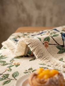 1pc Beige Base Green Branch & Blue Bird Print Tablecloth, French Fresh Style Linen Blend Fabric, Square Shape With Beige Tassel Edge Detail, Stain-Resistant Desktop Protector, Functional Dining Table Cloth Suitable For Daily Breakfast And Cozy Home Decor Scenes - Beige - View 7