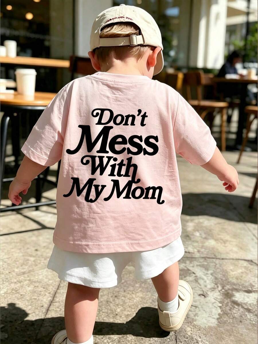 男嬰夏季休閒短袖T恤,「Don't Mess With My Momma」標語印花圓領上衣,適合新生兒與幼兒 - 粉色 - 查看 1